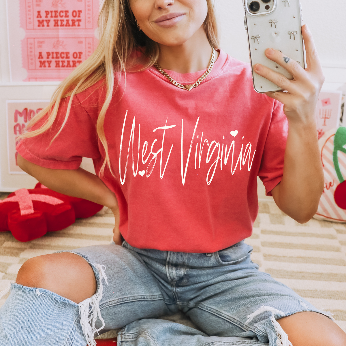 West Virginia Sketched Script Hearts in Off-white Digital Design, PNG