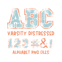 Varsity Distressed Alphabet Set in Light Blue & Orange | PNG files Alphabet Letters, Digital Art, PNG Only