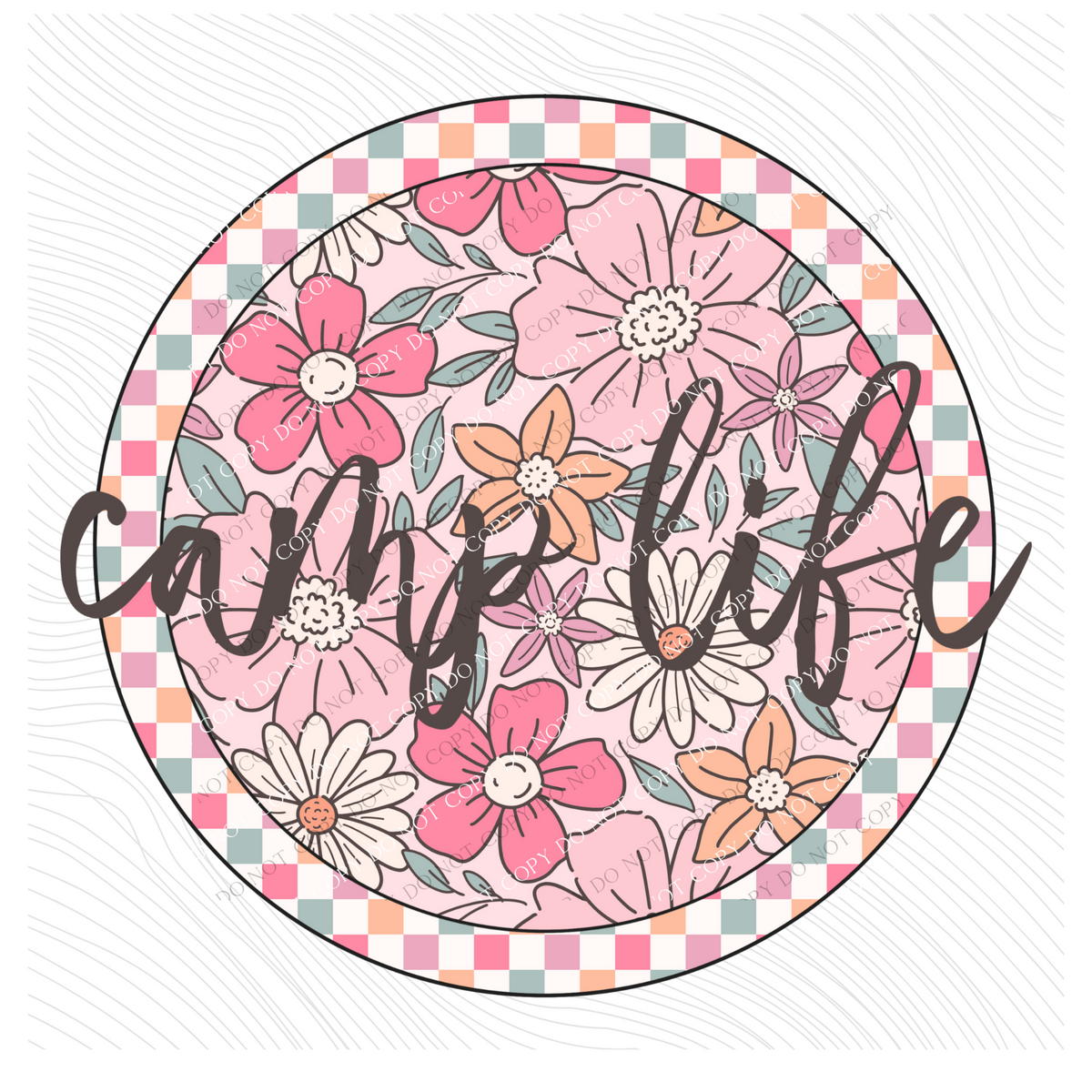 Camp Life Checkered Floral Script Circle in Summery Colors Digital Design, PNG