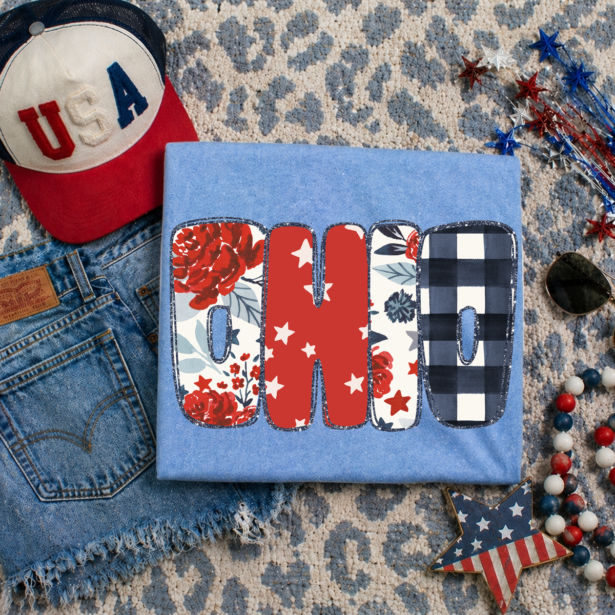 Ohio Glitter, Floral, Gingham & Stars Patriotic Digital Design, PNG