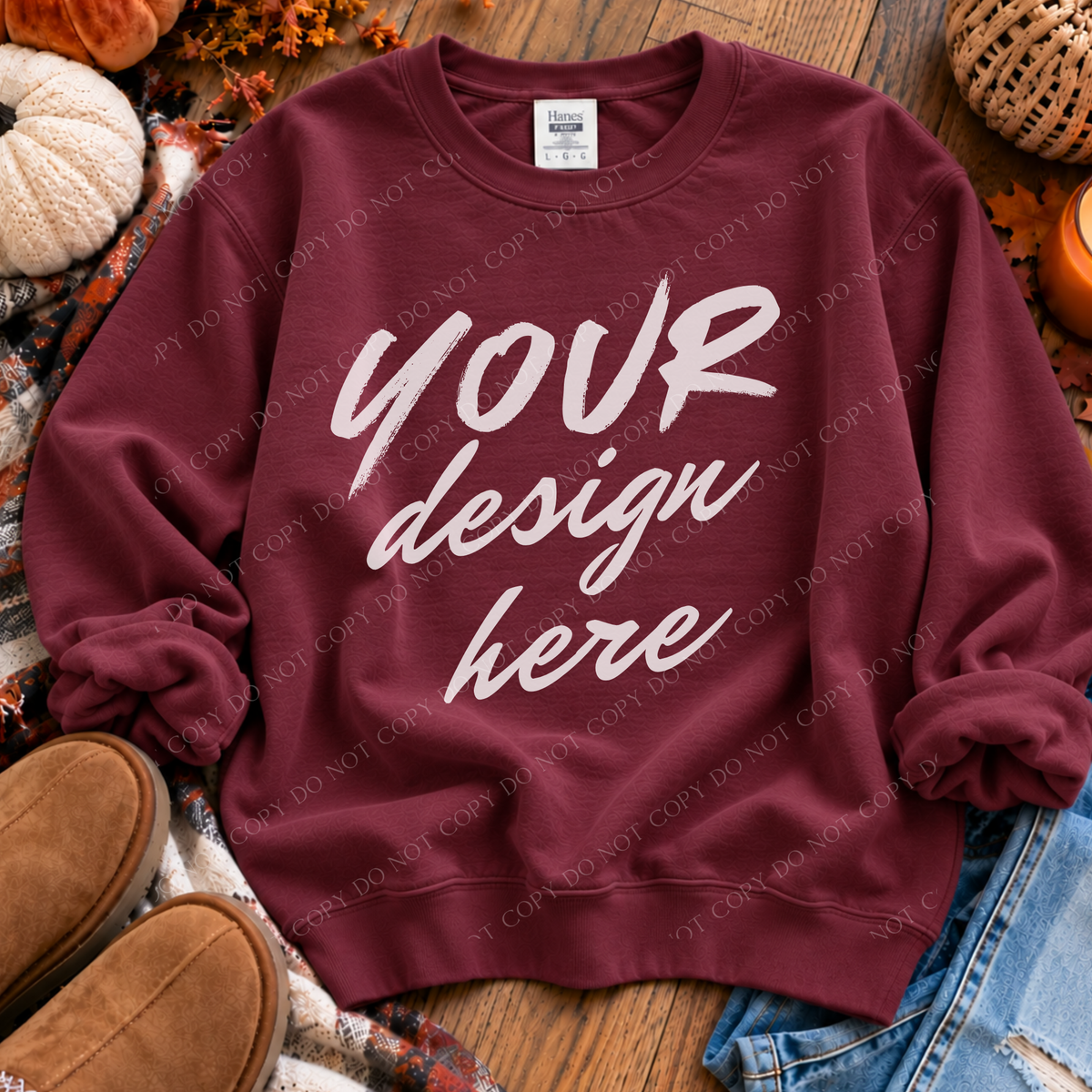 Fall Sweatshirt Flatlay Mockup, Hanes 1607 Maroon
