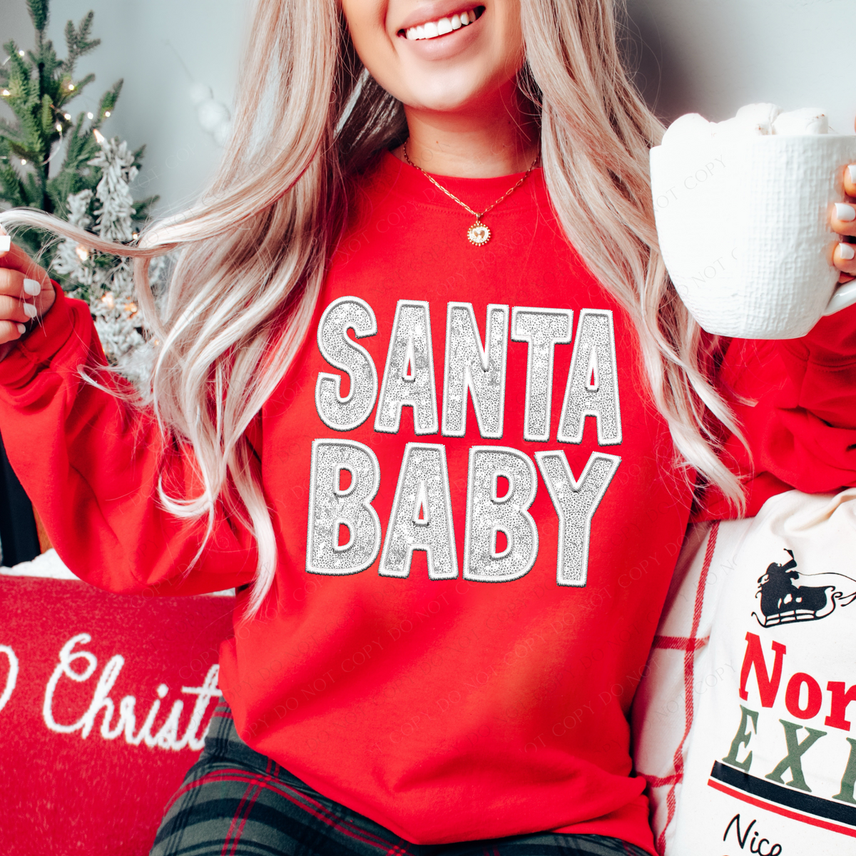 Santa Baby Faux Embroidery Sequin White Christmas Digital Download, PNG