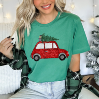 Christmas Car with Tree & Gifts in Faux Sequin Digital Design, PNG