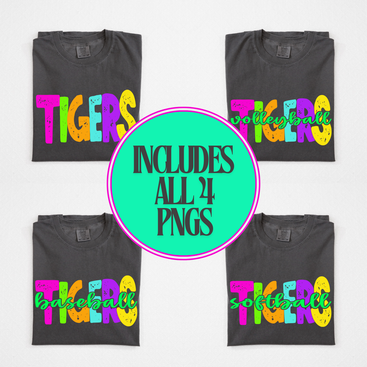 Tigers Distressed Blank, Cutout Softball, Baseball & Volleyball in Neons all Included Digital Design, PNG