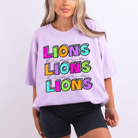 Lions Bubble Dot Stacked Script Distressed in Neons Digital Design, PNG