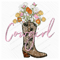 Cowgirl Glitter Heart Boot withFlowers Western Digital Design, PNG