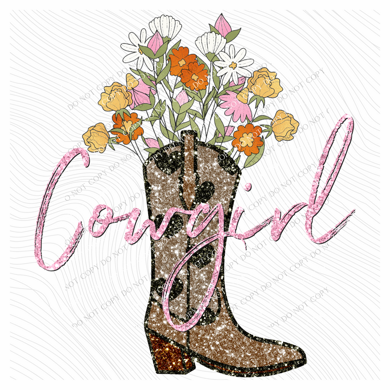 Cowgirl Glitter Heart Boot withFlowers Western Digital Design, PNG