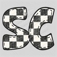 SC South Carolina Bubble Stitch Distressed Checkers Black White Digital Design, PNG