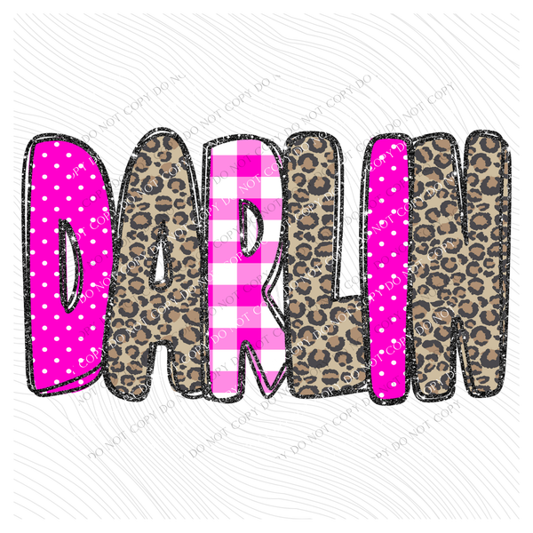 Darlin Leopard Glitter, Gingham & Dot in Bright Pink Digital Design, PNG
