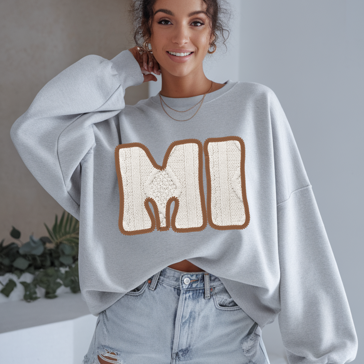 Michigan MI Sweater Patch in Cream & Brown Digital Design, PNG
