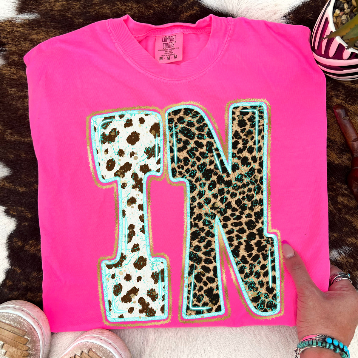 IN Indiana Turquoise Glow Gold Foil Western Leopard & Cow Print Digital Design, PNG Only