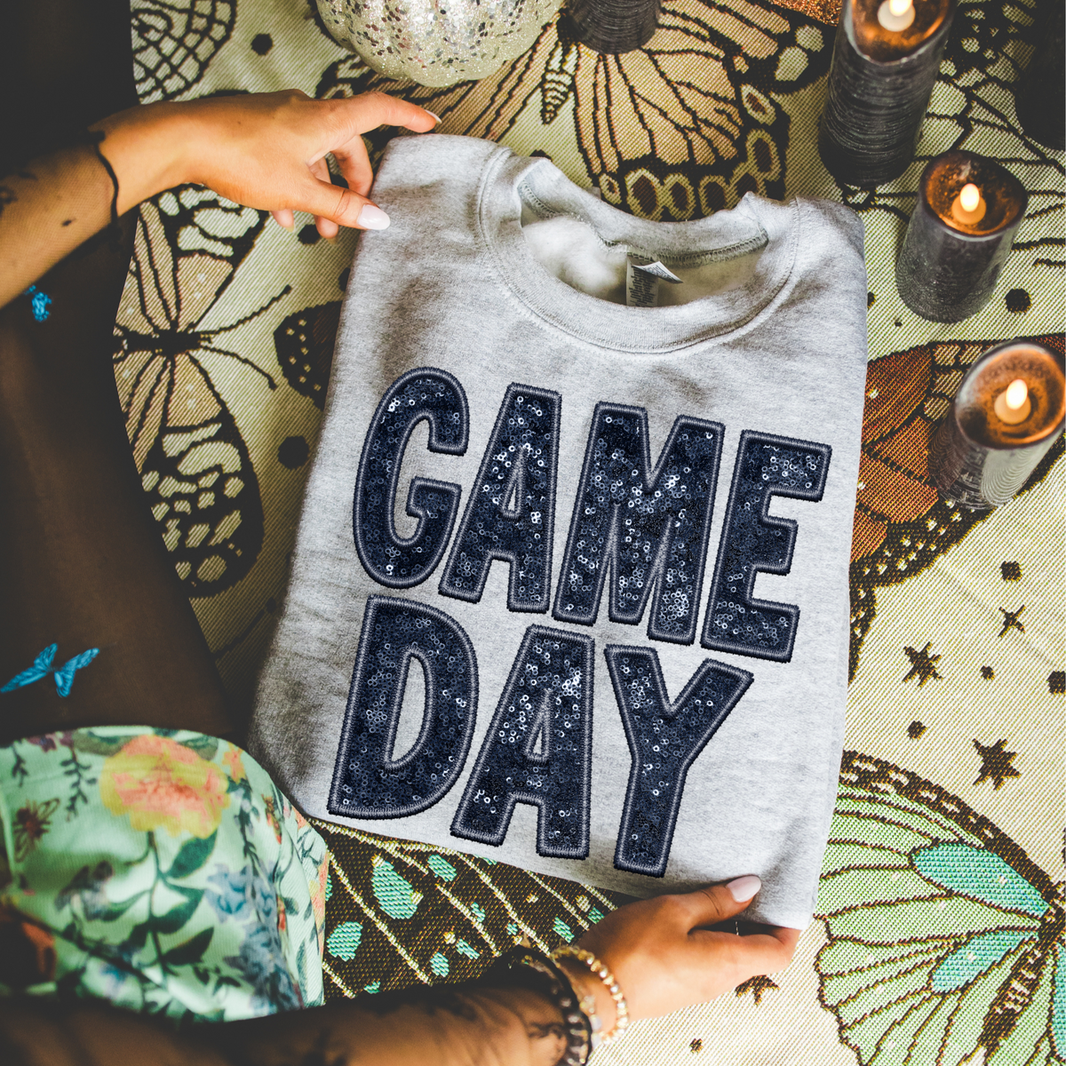 Game Day Faux Embroidery Sequin in Navy Digital Design, PNG