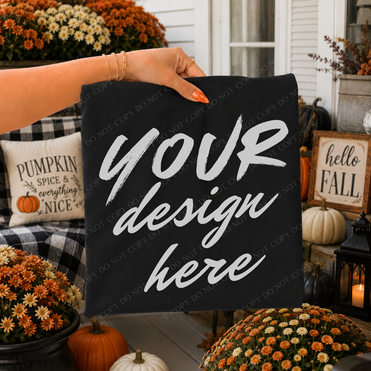 Fall Mums Porch Blank Sweatshirt Mockup, Gildan 18000 Black