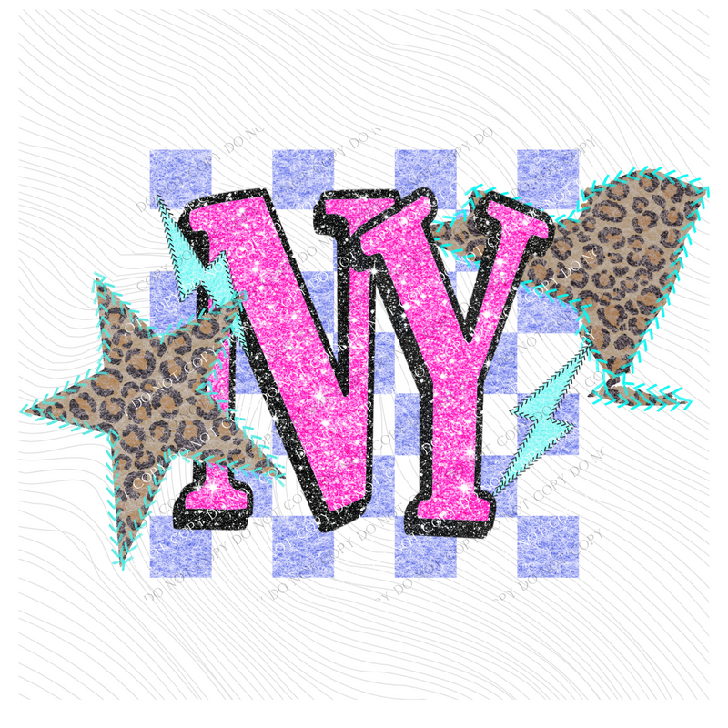 New York Leopard Checkered Glitter Star & Stitched Bolt & State in Bright Summer Colors Digital Design, PNG
