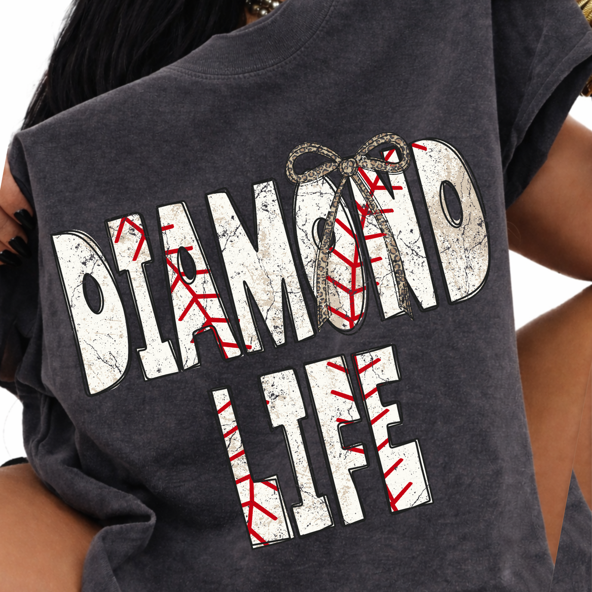Diamond Life Baseball Stitch Leopard Bow Doodle Distressed Digital Design, PNG