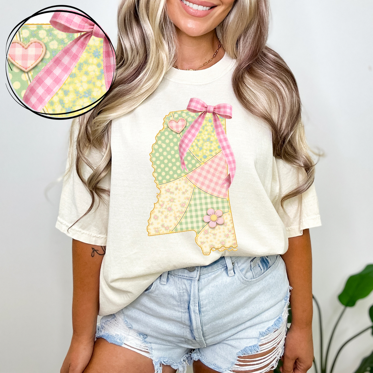 Mississippi Spring Tones Quilted Faux State Patch with Bow Digital Design, PNG