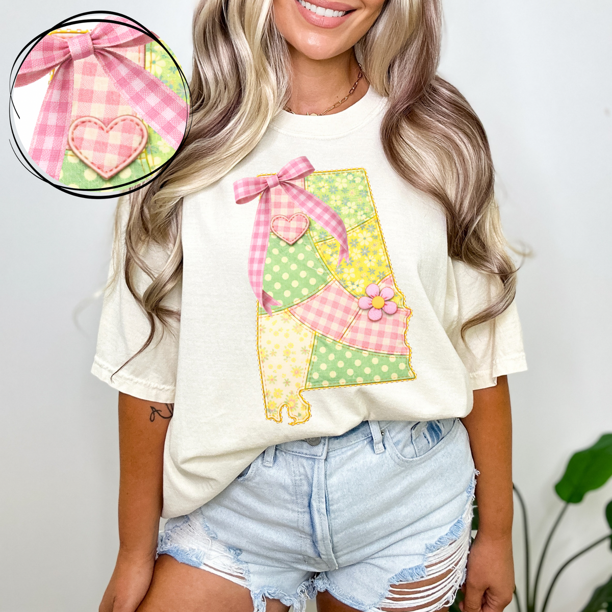 Alabama Spring Tones Quilted Faux State Patch with Bow Digital Design, PNG