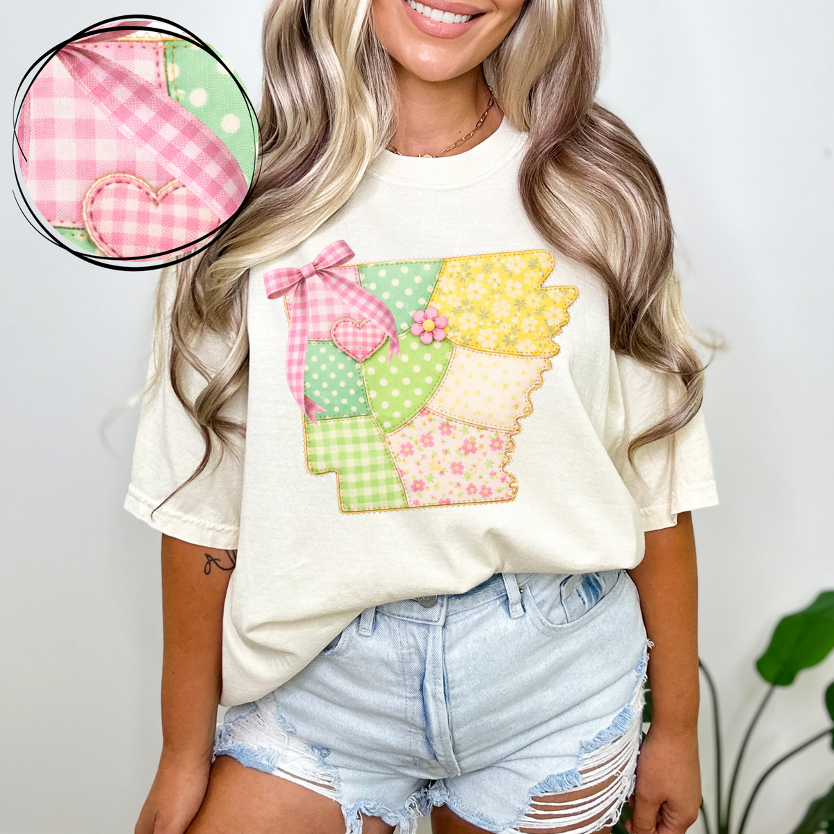 Arkansas Spring Tones Quilted Faux State Patch with Bow Digital Design, PNG