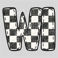 WI Wisconsin Bubble Stitch Distressed Checkers Black White Digital Design, PNG