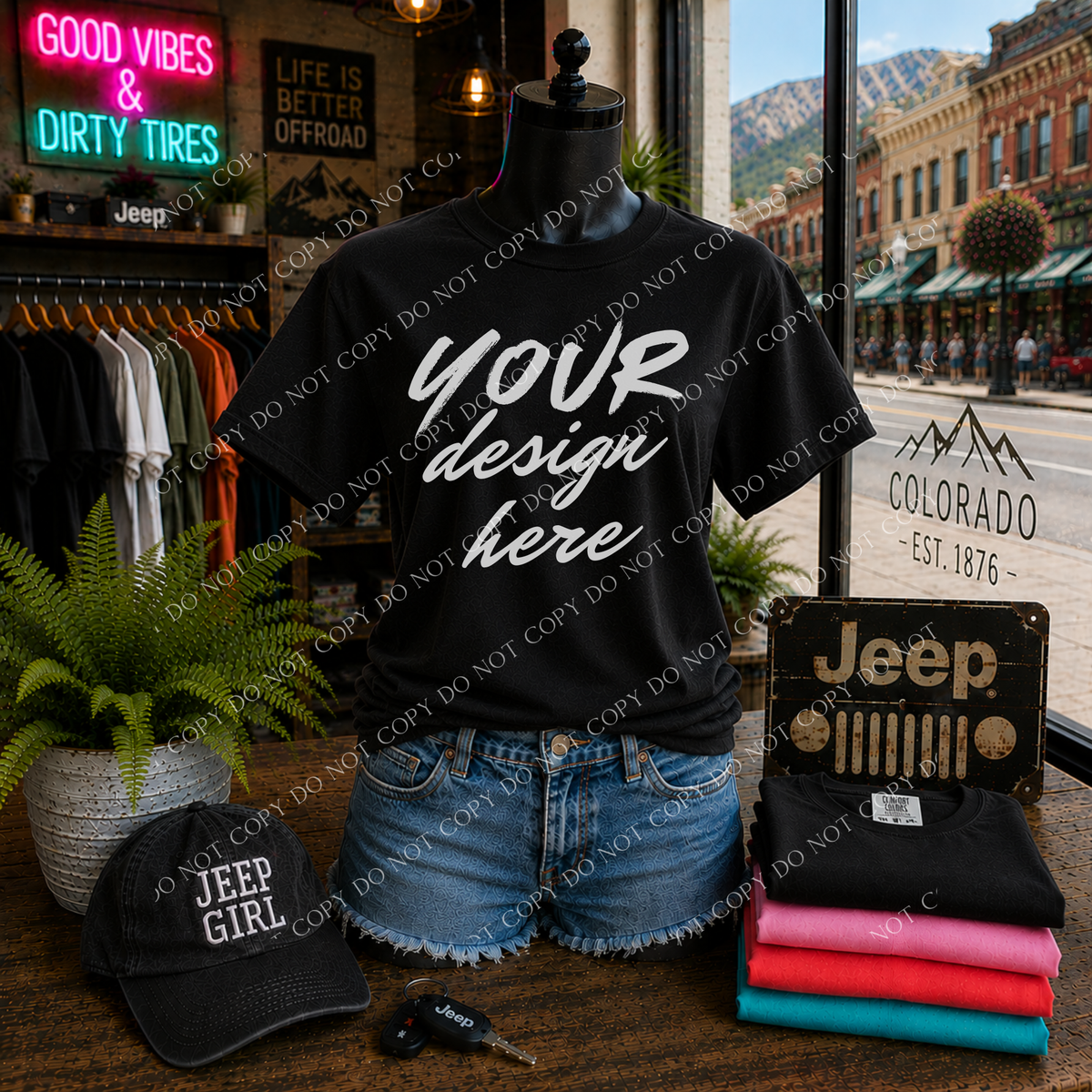 Jeep Girl Blank Mockup, Comfort Colors 1717 Black