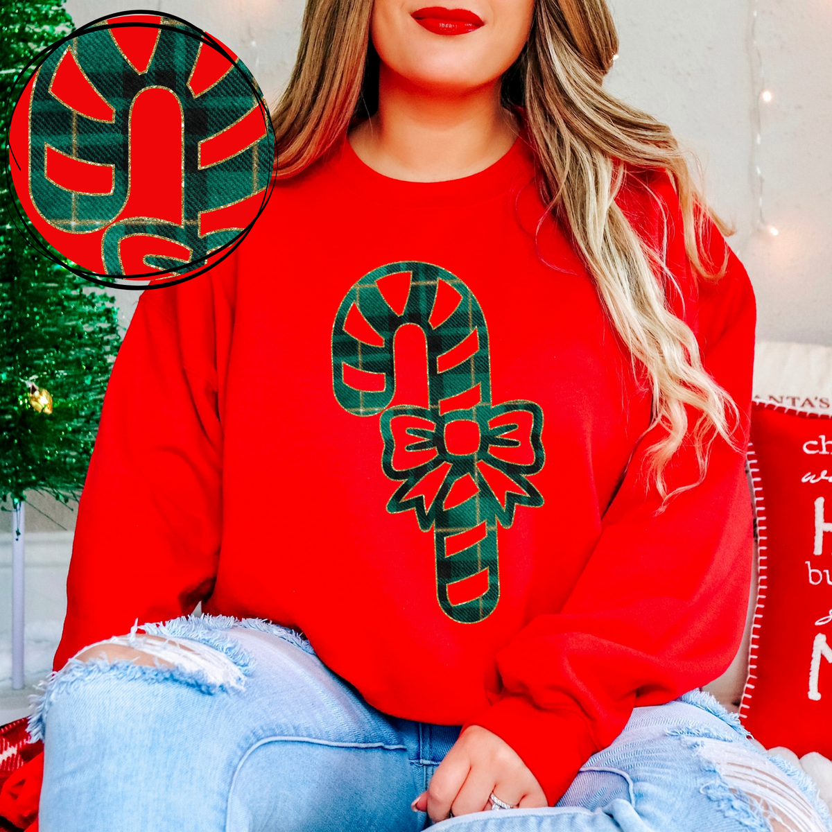 Candy Cane Green Plaid & Glitter Digital Download, PNG