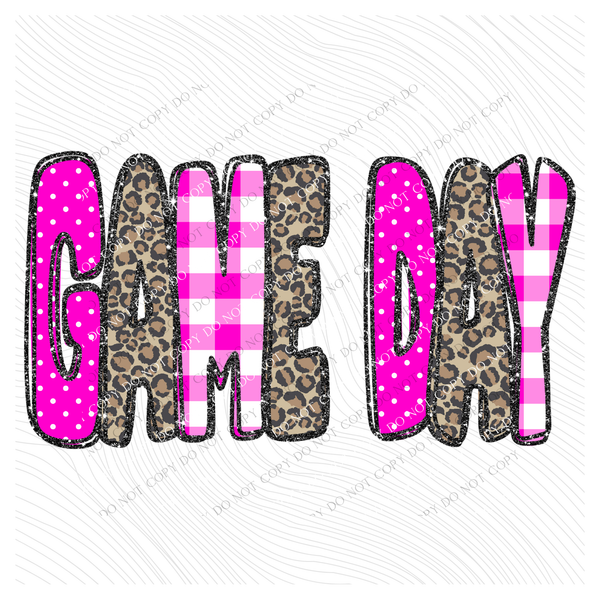 Game Day Leopard Glitter, Gingham & Dot in Bright Pink Digital Design, PNG