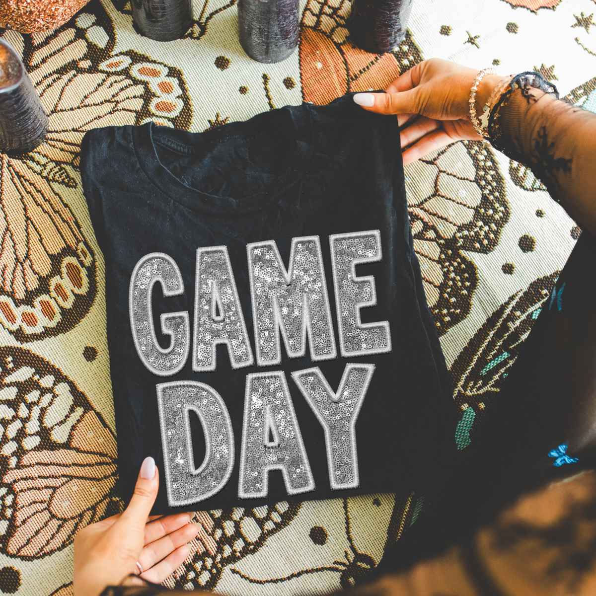 Game Day Faux Embroidery Sequin in Silver Digital Design, PNG