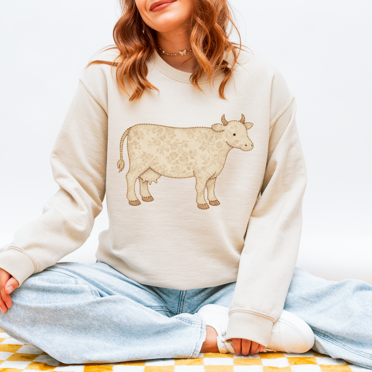 Cow Vintage Floral Faux Patch Digital Design, PNG