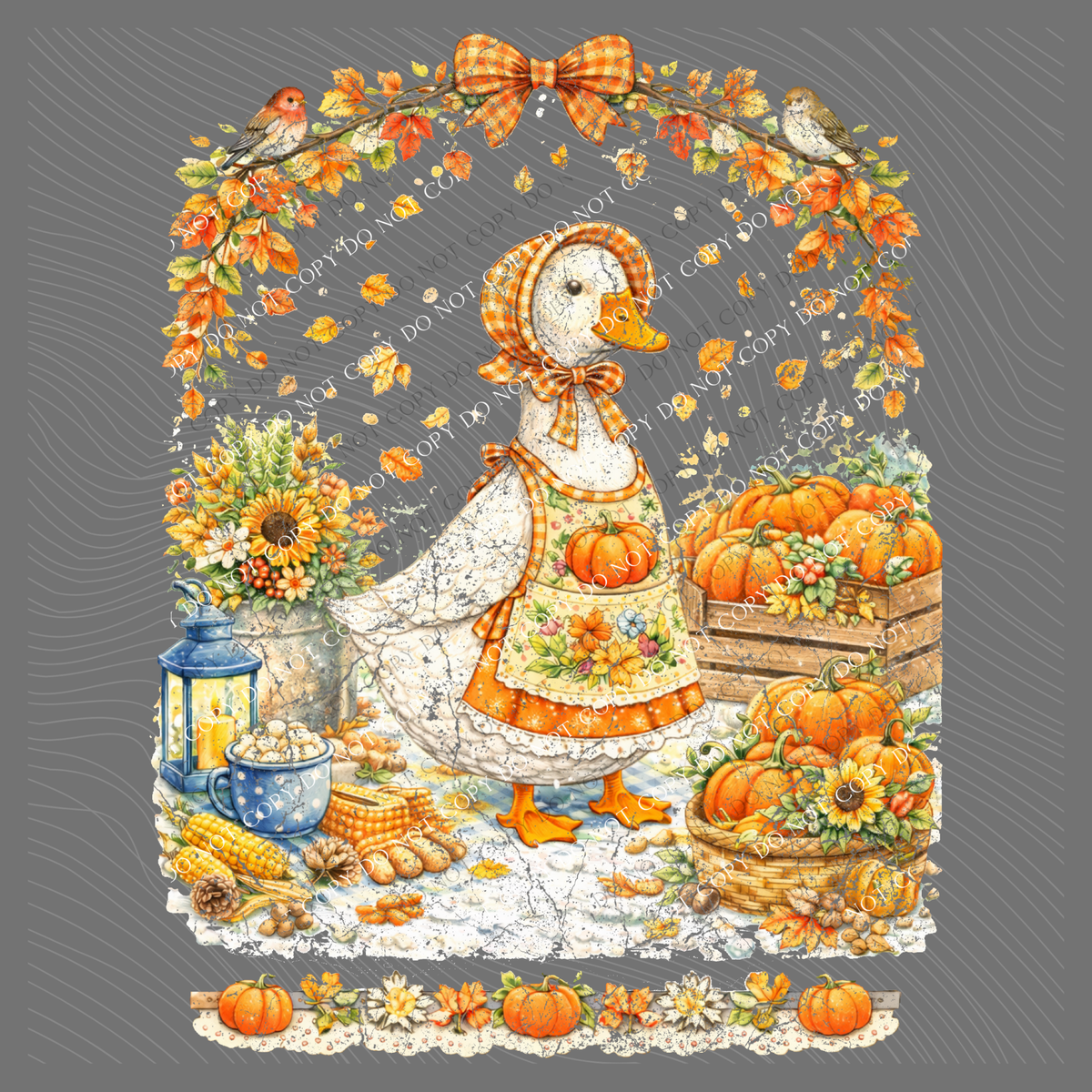 Fall Pumpkin Gingham Goose Distressed Digital Design, PNG