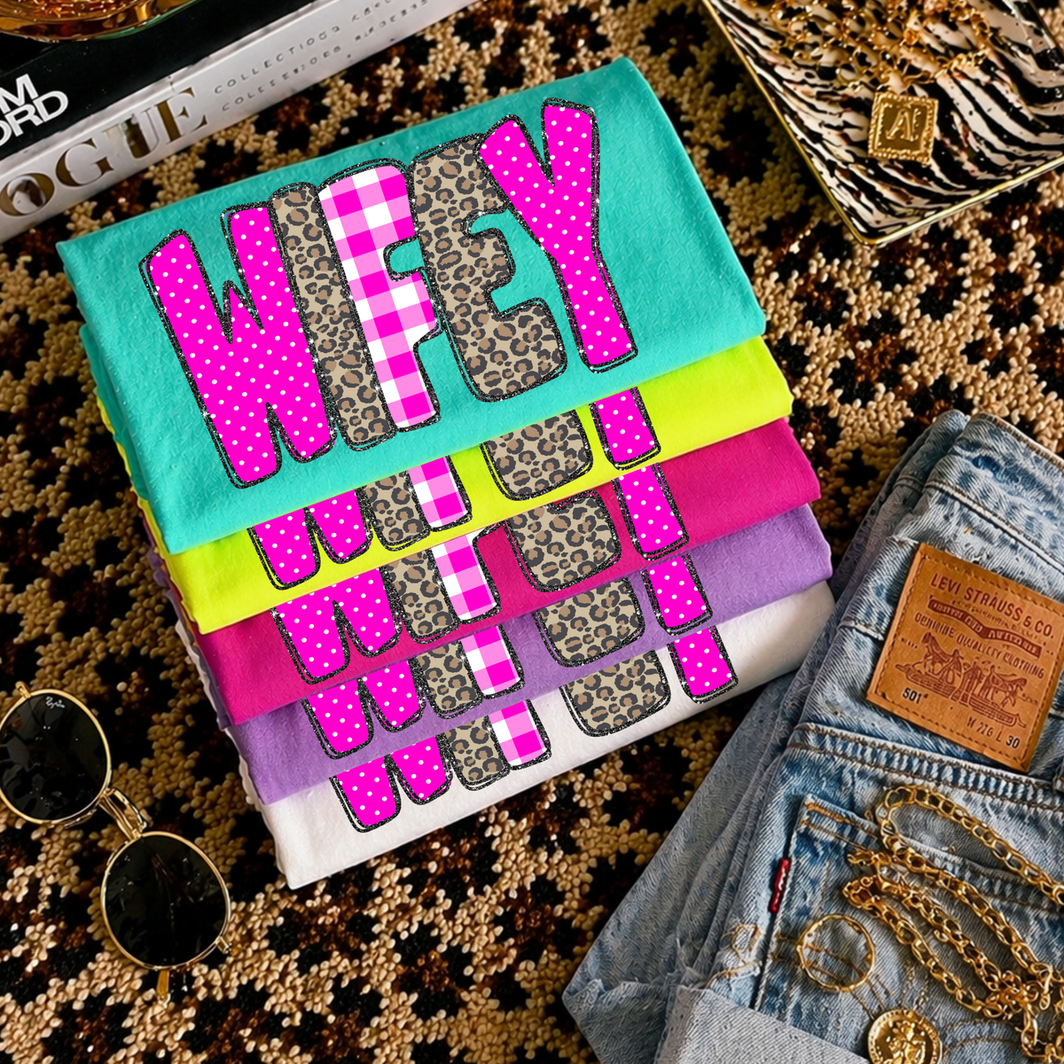 Wifey Leopard Glitter, Gingham & Dot in Bright Pink Digital Design, PNG