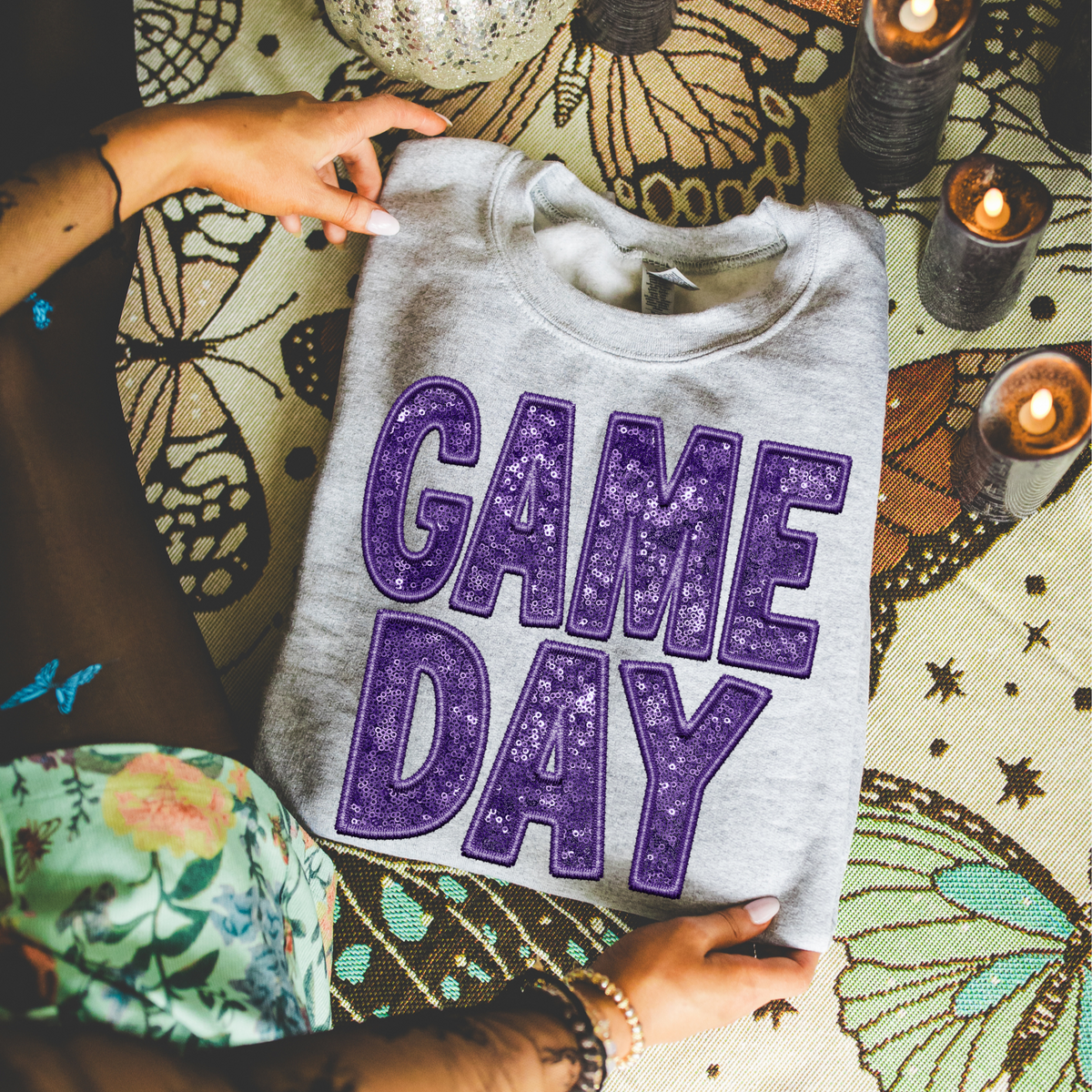 Game Day Faux Embroidery Sequin in Purple Digital Design, PNG