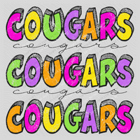 Cougars Bubble Dot Stacked Script Distressed in Neons Digital Design, PNG