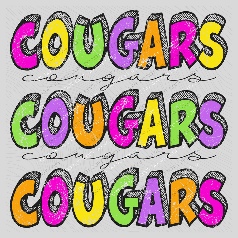 Cougars Bubble Dot Stacked Script Distressed in Neons Digital Design, PNG