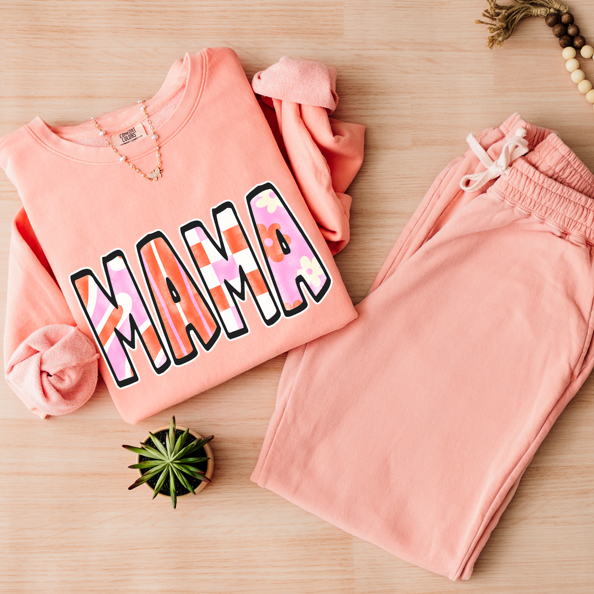Mama Retro Distressed Pink & Red Patchwork Digital Design, PNG