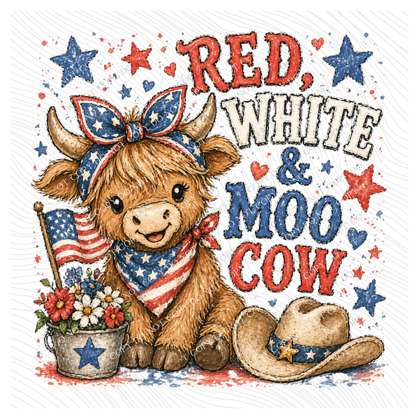 Red, White & Moo Cow Highland Cow Patriotic Digital Design, PNG