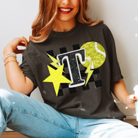 Tennis Checkered Glitter Star & Stitched Bolt with Sequin Ball in Yellow, Black & White Digital Design, PNG