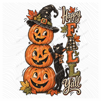 Happy Fall Y’all Pumpkins & Cat Vintage Sketch Digital Design, PNG