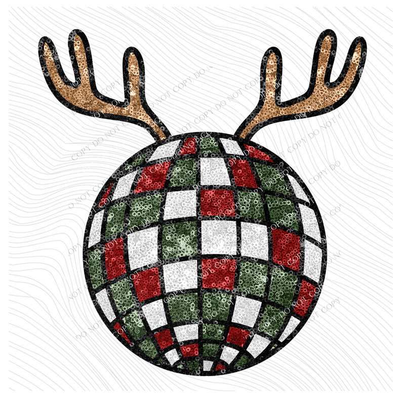 Sparkly Christmas Disco Ball with Antlers in Faux Sequin Digital Design, PNG