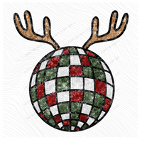 Sparkly Christmas Disco Ball with Antlers in Faux Sequin Digital Design, PNG