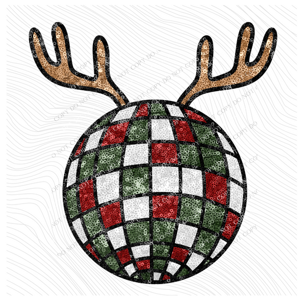 Sparkly Christmas Disco Ball with Antlers in Faux Sequin Digital Design, PNG