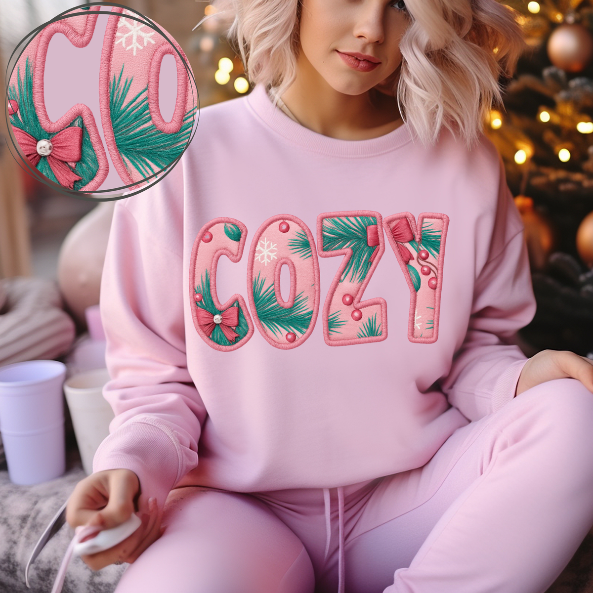 Cozy Pink 3D Embroidered Plush Christmas Digital Design, PNG