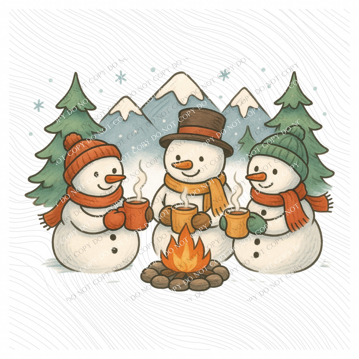Snowmen Hanging around the Fire Sketch Digital Download, PNG