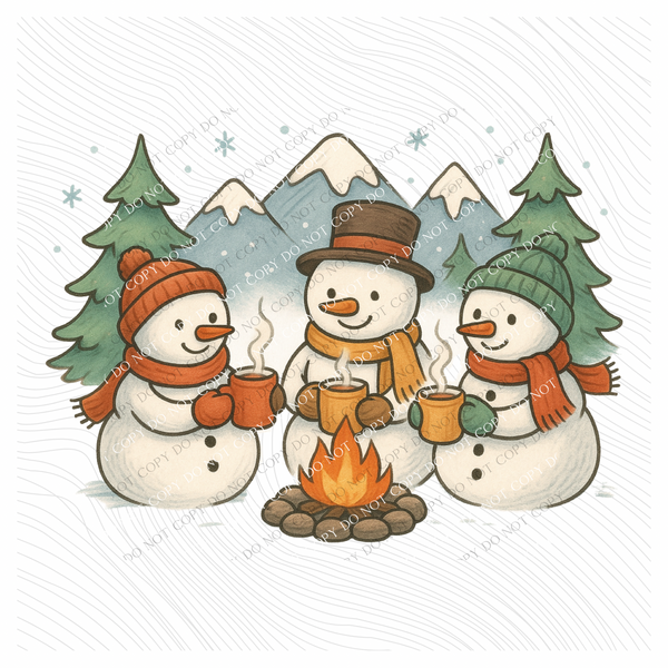 Snowmen Hanging around the Fire Sketch Digital Download, PNG