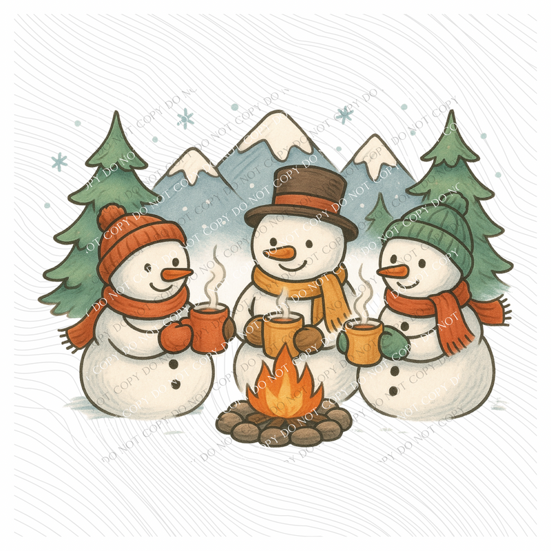 Snowmen Hanging around the Fire Sketch Digital Download, PNG