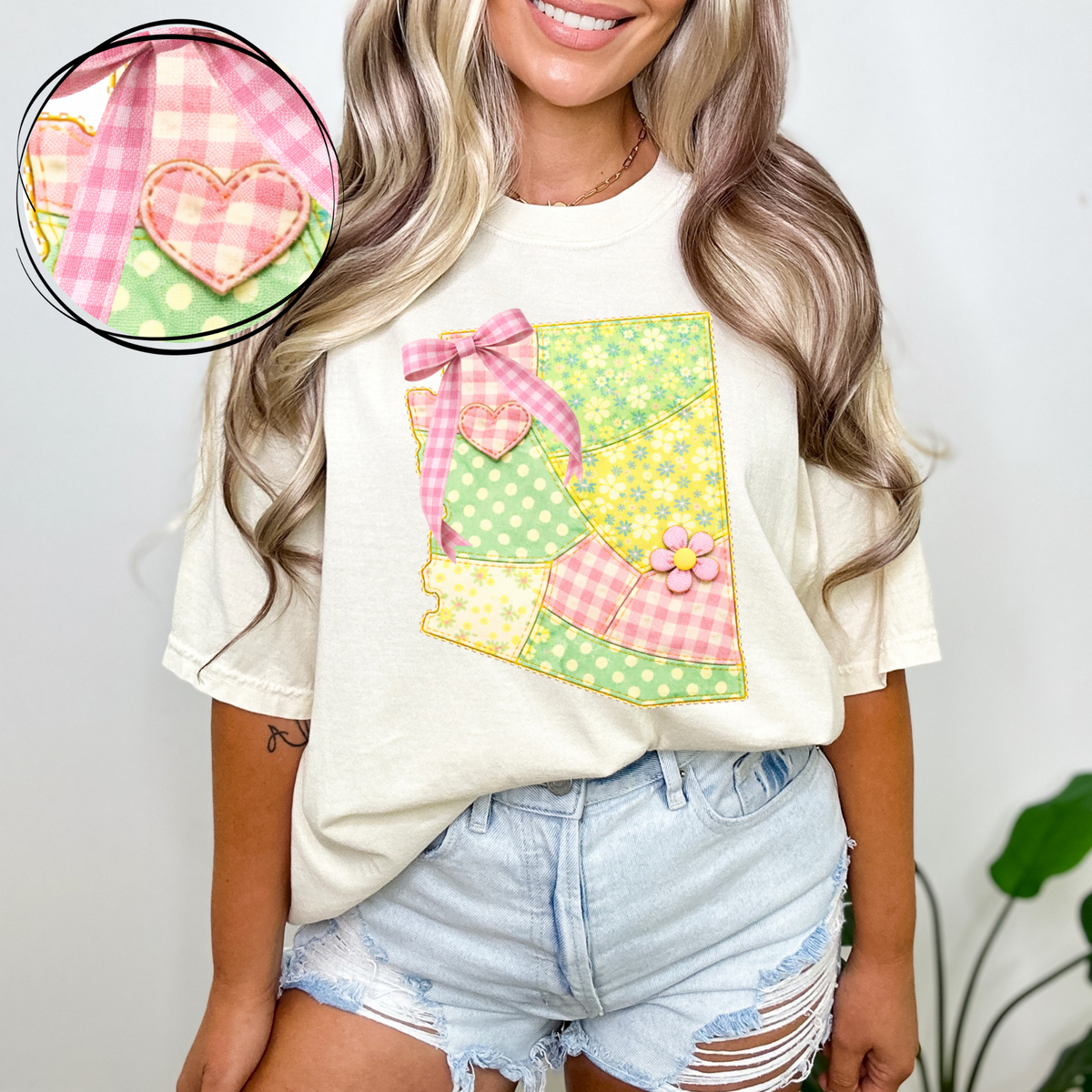 Arizona Spring Tones Quilted Faux State Patch with Bow Digital Design, PNG