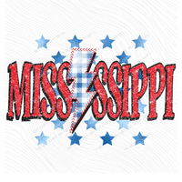 Mississippi Glitter with Foil Stars & Gingham Stitched Bolt in Red, White & Blue Patriotic Digital Design, PNG