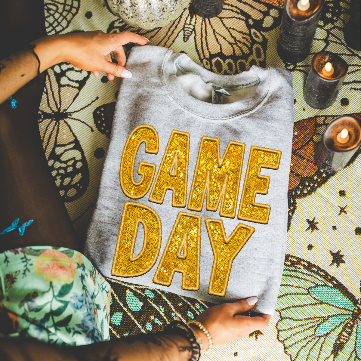 Game Day Faux Embroidery Sequin in Yellow Gold Digital Design, PNG