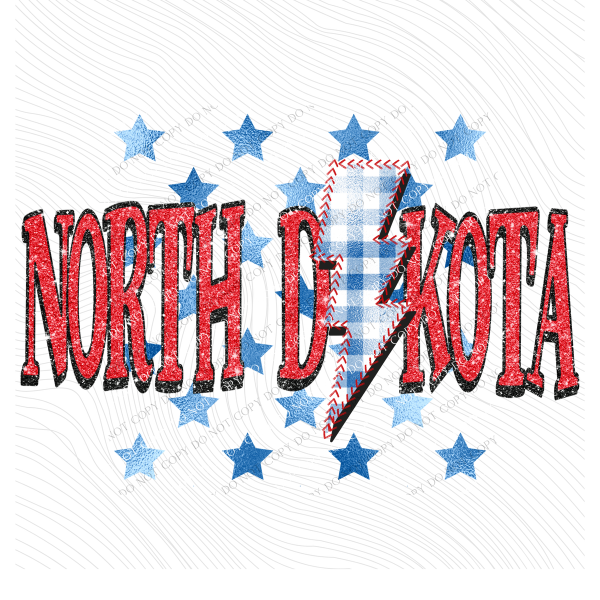 North Dakota Glitter with Foil Stars & Gingham Stitched Bolt in Red, White & Blue Patriotic Digital Design, PNG