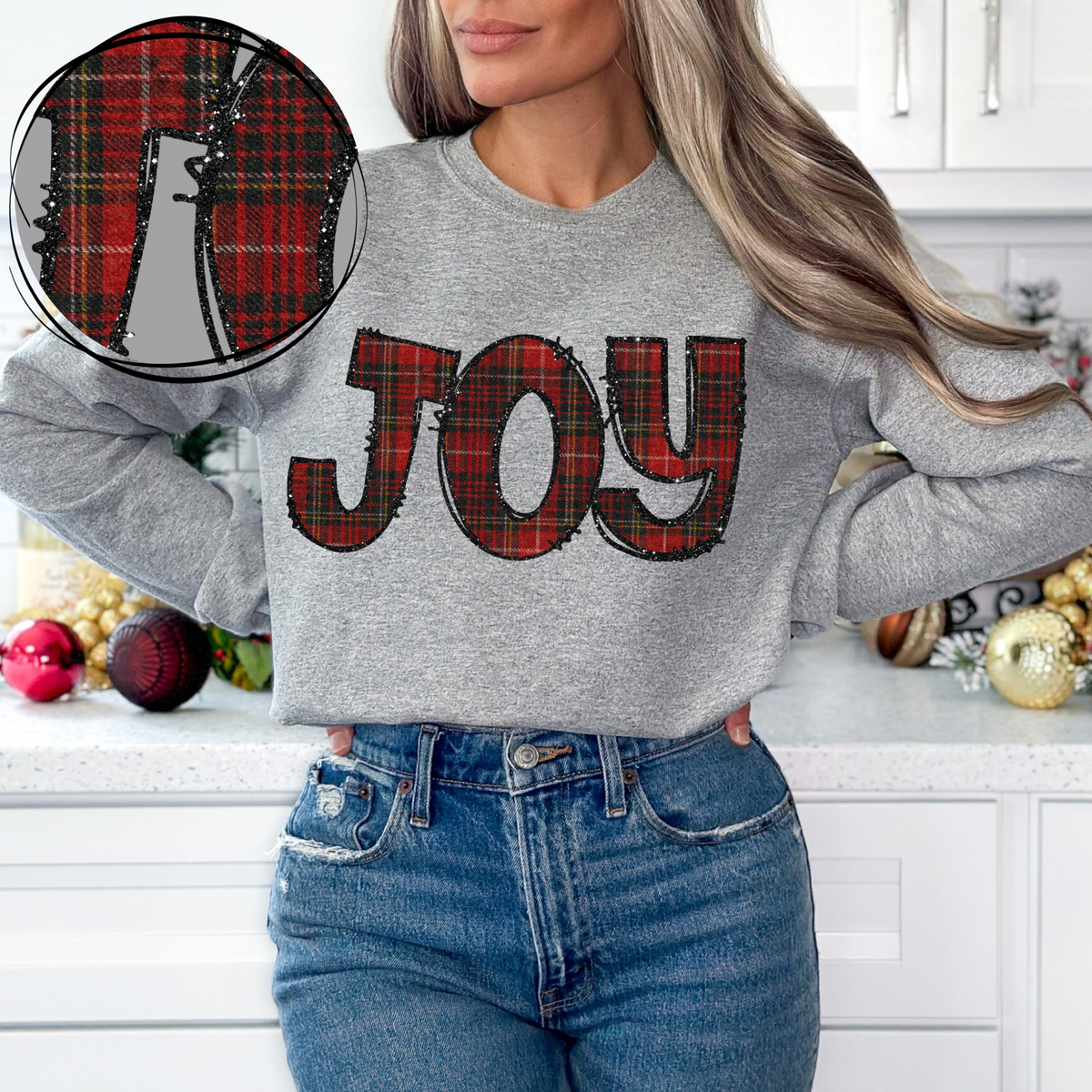Joy Glitter & Red Plaid Digital Download, PNG
