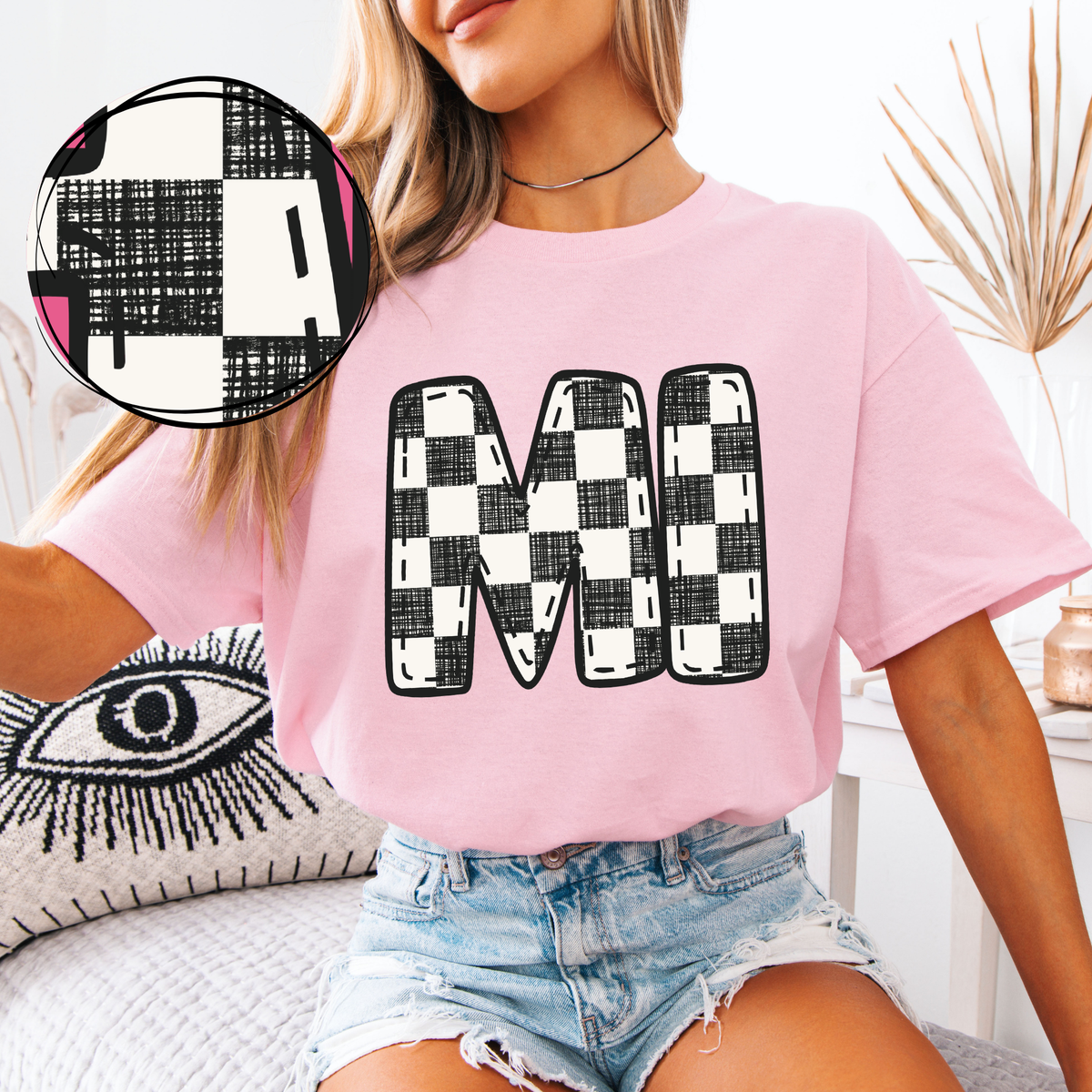 MI Michigan Bubble Stitch Distressed Checkers Black White Digital Design, PNG